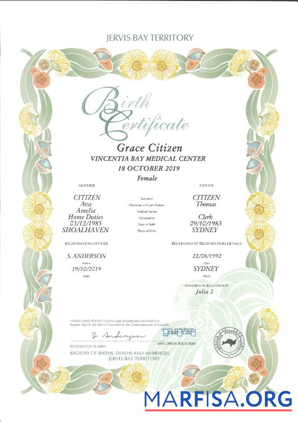 Blank Australia Jervis Bay Territory decorative birth certificate template in PSD format